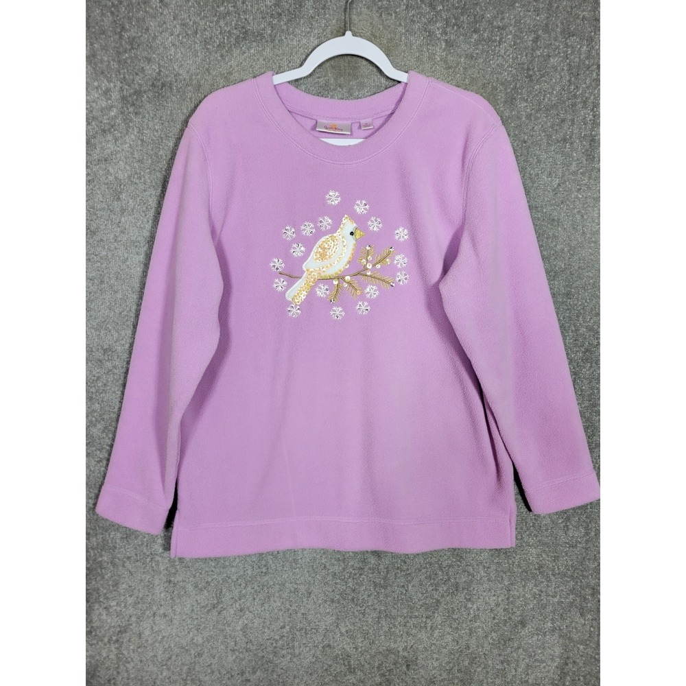 Quacker Factory Fleece Top Womens Sz M White Gold Cardinal‎ Snowflakes Sequins